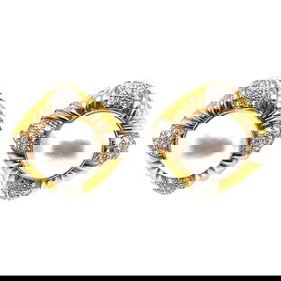 Contemporary Yellow Gold Diamond Pearl Earrings 1990s: Contemporary Yellow Gold Diamond Pearl Earrings 1990s This exquisite pair of earrings features a stunning combination of round cut diamonds and lustrous pearls, elegantly set in yellow gold. Crafted i