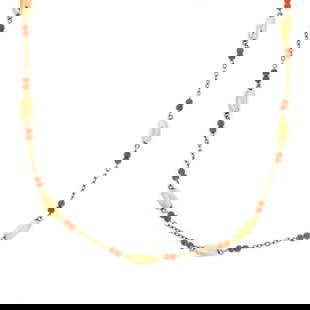 Vintage 18k Yellow Gold Coral Bead Necklace 32 Inches: Vintage 18k Yellow Gold Coral Bead Necklace 32 Inches This stunning vintage necklace showcases exquisite craftsmanship in 18k yellow gold. The design features alternating curved bar links interspersed