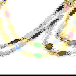 Vintage 18k Yellow Gold Enamel Tear Shape Links Necklace: Vintage 18k Yellow Gold Enamel Tear Shape Links Necklace This exquisite vintage long necklace is designed from 18k yellow gold, featuring a polished finish. The necklace showcases alternating tear-sha