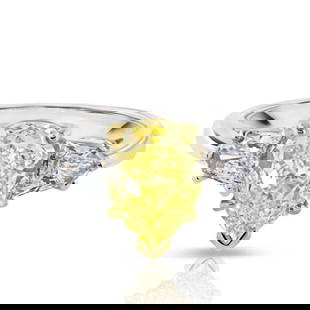 Elegant 2.24 Carat Pear Shape Fancy Yellow Diamond Engagement Ring GIA VS1: Elegant 2.24 Carat Pear Shape Fancy Yellow Diamond Engagement Ring GIA VS1 This exquisite three-stone engagement ring features a stunning 2.24 carat pear-shaped natural fancy intense yellow diamond, c
