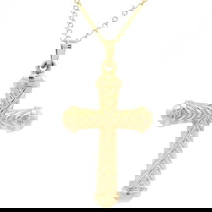 Vintage 14k Yellow Gold Cross Pendant with New 18 Inch Cable Chain: Vintage 14k Yellow Gold Cross Pendant with New 18 Inch Cable Chain This vintage cross pendant features a distinctive cable style design crafted from solid 14k yellow gold, weighing 2.75 grams. The pen
