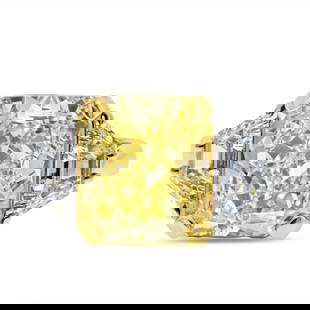7.05 Carat GIA Fancy Yellow Radiant Cut Diamond Ring Platinum 18K Gold: 7.05 Carat GIA Fancy Yellow Radiant Cut Diamond Ring Platinum 18K Gold This stunning three-stone engagement ring features a magnificent 7.05 carat Radiant Cut Fancy Yellow diamond, certified by GIA wi