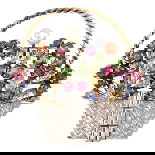 Vintage 9k Gold Floral Basket Brooch with Diamond and Multicolor Gems: Vintage 9k Gold Floral Basket Brooch with Diamond and Multicolor Gems This exquisite vintage brooch is made from 9k yellow and white gold, beautifully designed in the shape of a floral basket with a h