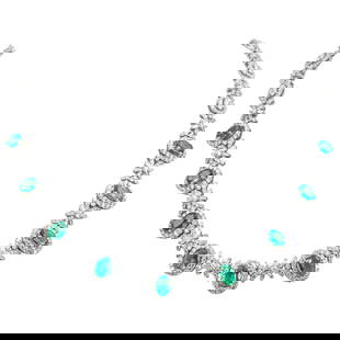19.10ct Emerald & Diamond Necklace 18k White Gold 15 in: 19.10ct Emerald & Diamond Necklace 18k White Gold 15 in This stunning necklace features a total gemstone weight of 19.10 carats, showcasing 9 oval-shaped emeralds weighing 6.53 carats combined. The ex