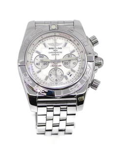 Breitling Chronomat AB0110 44mm Stainless Steel Automatic Watch with Box and Papers: Breitling Chronomat AB0110 44mm Stainless Steel Automatic Watch with Box and Papers This Breitling Chronomat wristwatch combines elegance and functionality, featuring a robust stainless steel case wit