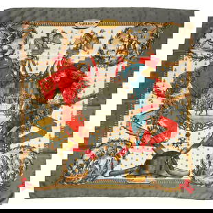 Hermes Silk Napoleon Scarf Gray White Hand-Rolled Edges 35 in: Hermes Silk Napoleon Scarf Gray White Hand-Rolled Edges 35 in Elevate your accessory collection with this exquisite Hermes Silk Napoleon Scarf. Crafted from luxurious silk twill, this scarf features a