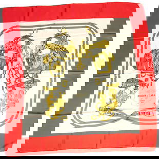 Hermes Brides de Gala Scarf by Hugo Grygkar Red Trim 1957: Hermes Brides de Gala Scarf by Hugo Grygkar Red Trim 1957 Elevate your accessory collection with this stunning Hermes Brides de Gala Scarf, a timeless piece designed by the renowned artist Hugo Grygka