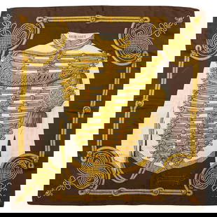 Hermes Brandebourgs Silk Twill Scarf by Caty Latham Rare Piece: Hermes Brandebourgs Silk Twill Scarf by Caty Latham Rare Piece This exquisite Hermes Brandebourgs scarf is a rare piece designed by Caty Latham, showcasing the brand's signature silk twill craftsmansh
