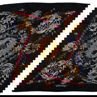Hermes Daimyo Princes du Soleil Silk Scarf 35in Japan Motif: Hermes Daimyo Princes du Soleil Silk Scarf 35in Japan Motif Elevate your accessory collection with this exquisite Hermes "Daimyo Princes du Soleil" scarf. Crafted from 100% silk, this scarf features a