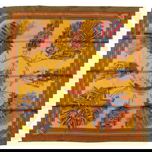 Hermes Cuirs du Desert Silk Scarf 35 in Multi-Color Gold-Toned: Hermes Cuirs du Desert Silk Scarf 35 in Multi-Color Gold-Toned This exquisite Hermes "Cuirs du Desert" silk scarf, designed by Francoise De La Perriere, showcases a stunning multi-color gold-toned pat