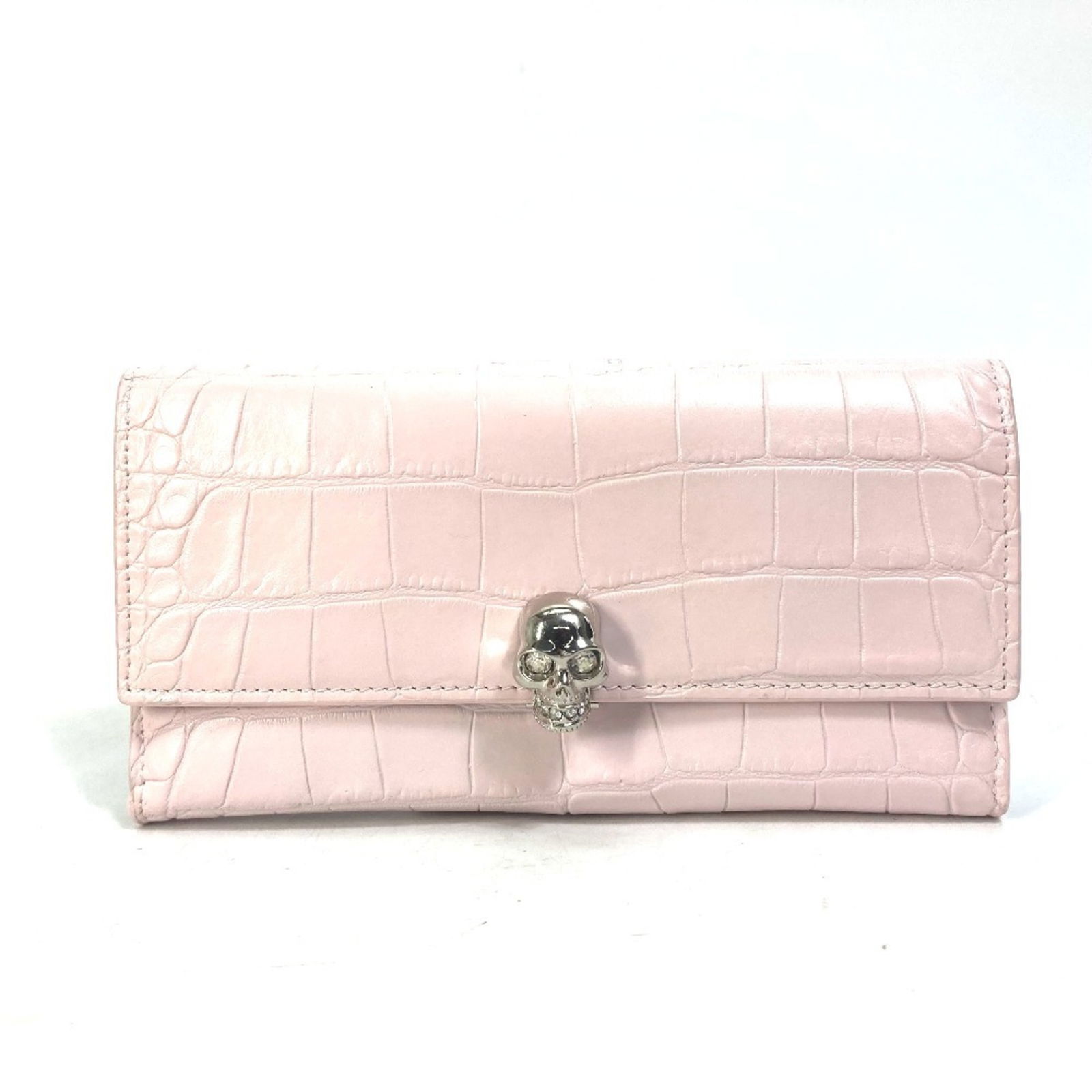 Alexander Wang Pink Rhinestone Skull Embossed Leather Wallet: Alexander Wang Pink Rhinestone Skull Embossed Leather Wallet Elevate your accessory collection with this stylish Alexander Wang long wallet, perfect for women. Crafted from high-quality embossed leath