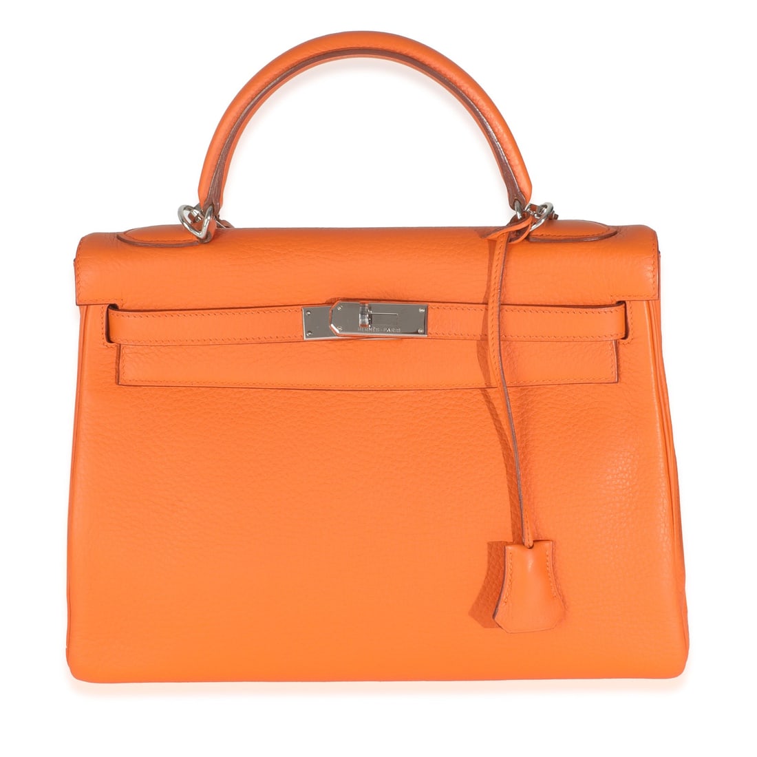 Hermes Kelly 32 Orange Clemence Leather Handbag with Silver Hardware: Hermes Kelly 32 Orange Clemence Leather Handbag with Silver Hardware This exquisite Hermes Kelly 32 handbag is crafted from premium orange Clemence leather, showcasing a sophisticated and elegant desi
