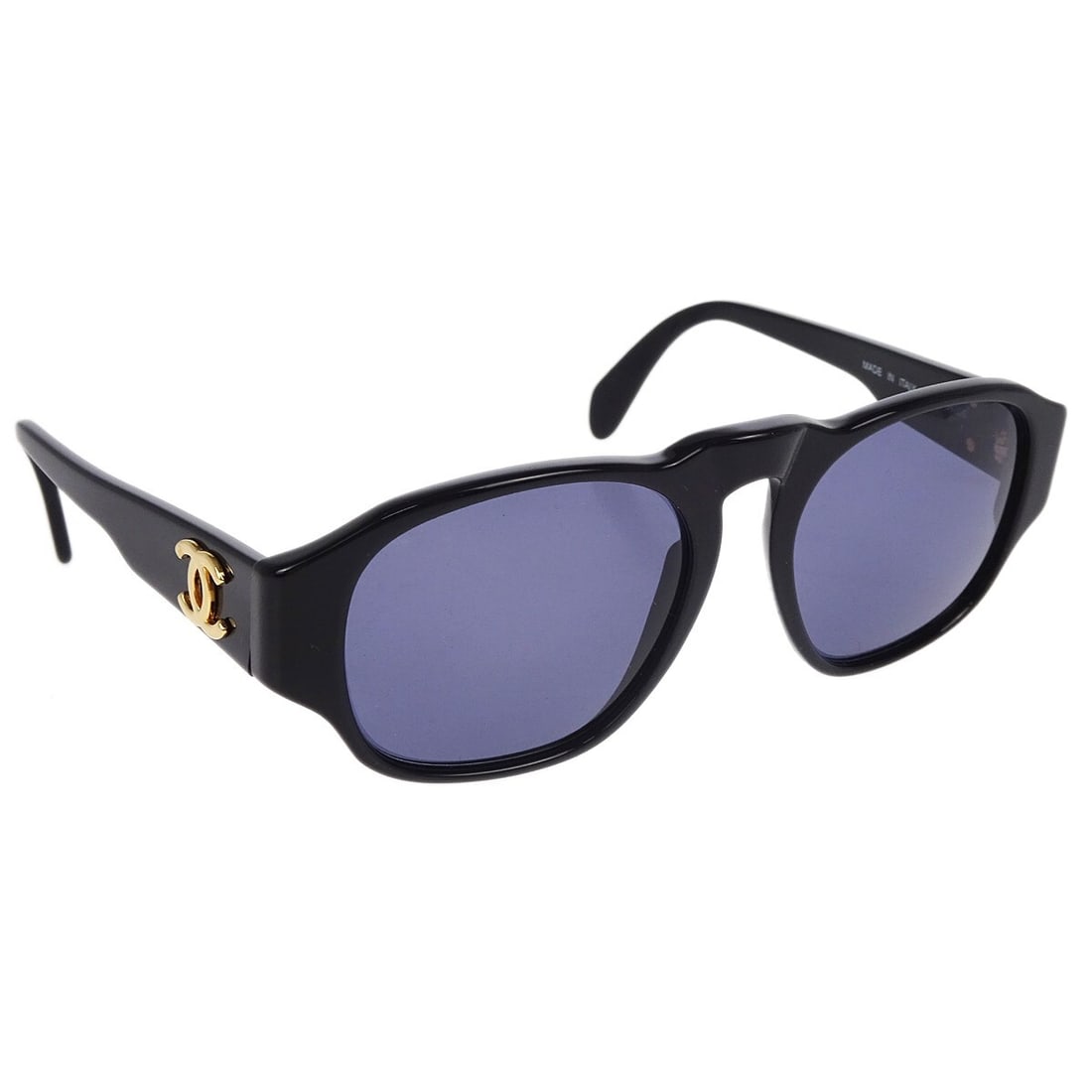 Chanel CC Logos Black Acrylic Sunglasses with Purple Lenses: Chanel CC Logos Black Acrylic Sunglasses with Purple Lenses Elevate your eyewear collection with these stylish Chanel sunglasses. Featuring a sleek black acrylic frame, these sunglasses exemplify luxu