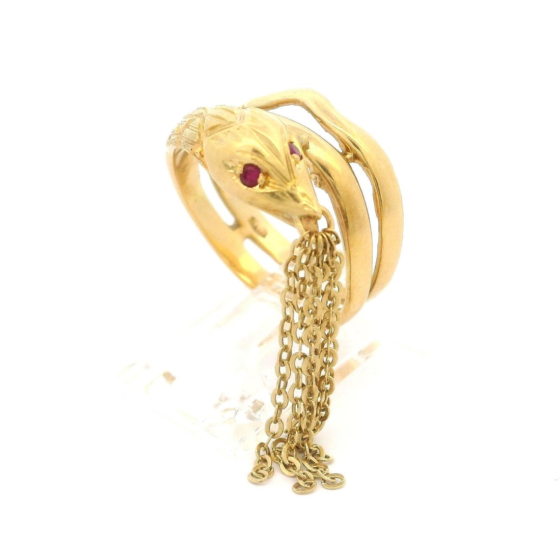 Vintage 18k Gold Ruby Wrap Snake Band Ring with Tassel: Vintage 18k Gold Ruby Wrap Snake Band Ring with Tassel This exquisite vintage handmade wrap snake band ring features a stunning design crafted from solid 18k yellow gold. Adorned with two natural genu