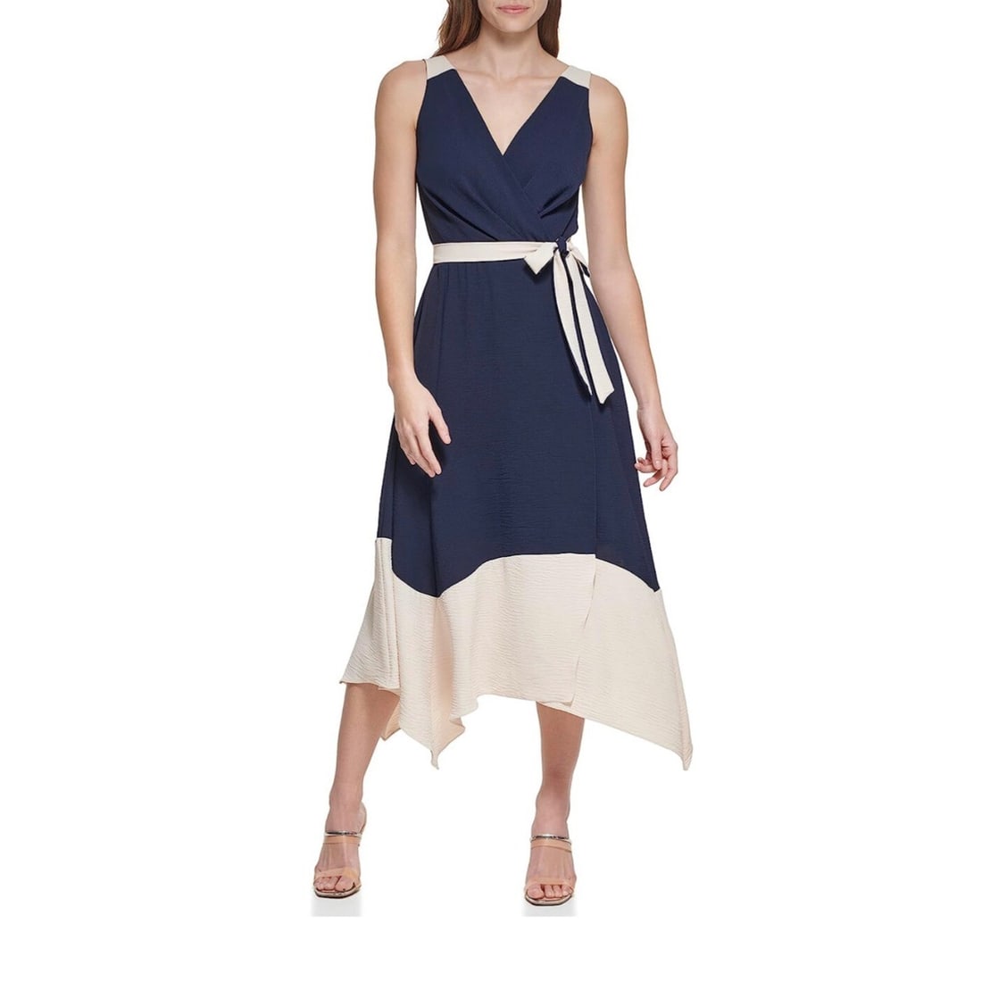 DKNY Colorblocked Sleeveless Faux-Wrap Midi Dress Size 6: DKNY Colorblocked Sleeveless Faux-Wrap Midi Dress Size 6 Elevate your wardrobe with this DKNY Colorblocked Faux-Wrap Tie At Waist Midi Dress. Designed in a sophisticated colorblock pattern, this sleev