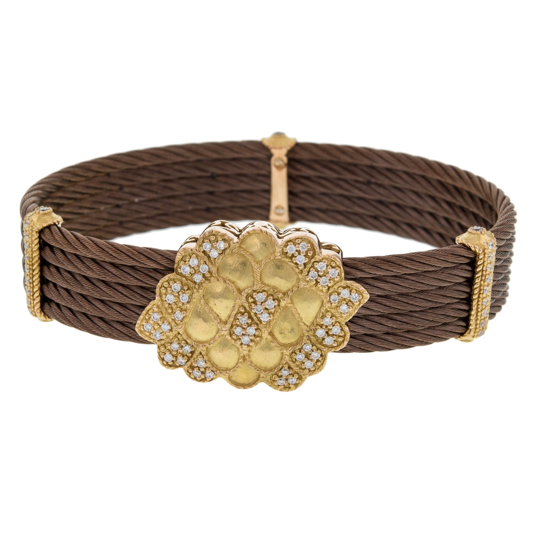 Charriol Celtique Nautica 5 Row Diamond Bronze Bangle 18K Gold: Charriol Celtique Nautica 5 Row Diamond Bronze Bangle 18K Gold Elevate your style with the Charriol Celtique 5 Row Nautica Cable Bracelet, exquisitely designed for those who appreciate luxury. This st