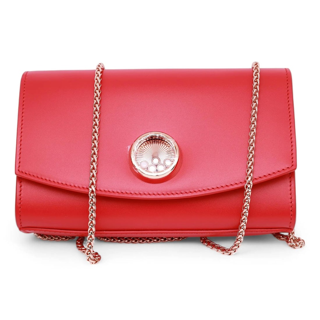 Chopard Happy Mini Crossbody Bag Red Leather Mother of Pearl Motif: Chopard Happy Mini Crossbody Bag Red Leather Mother of Pearl Motif Elevate your accessory collection with this Chopard Happy Mother of Pearl Cabochons Red Leather Crossbody Bag. This chic mini handbag