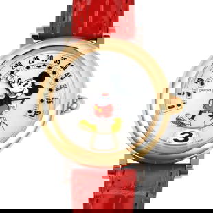 Gerald Genta G.3612.7 34mm Women's Wristwatch Red Band White Shell Dial: Gerald Genta G.3612.7 34mm Women's Wristwatch Red Band White Shell Dial Introducing the Gerald Genta Retro Fantasy Mickey Mouse wristwatch, a delightful blend of luxury and whimsy. This 34mm timepiece