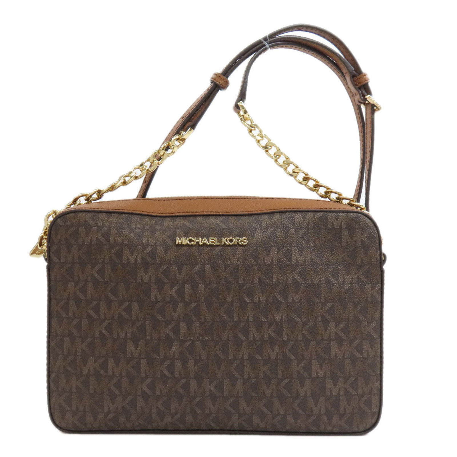 Michael Kors Brown MK Signature Shoulder Bag 6.69 x 9.44 x 1.96: Michael Kors Brown MK Signature Shoulder Bag 6.69 x 9.44 x 1.96 This Michael Kors MK Signature Shoulder Bag is a stylish accessory designed for women. Crafted from durable PVC, it features a chic brow