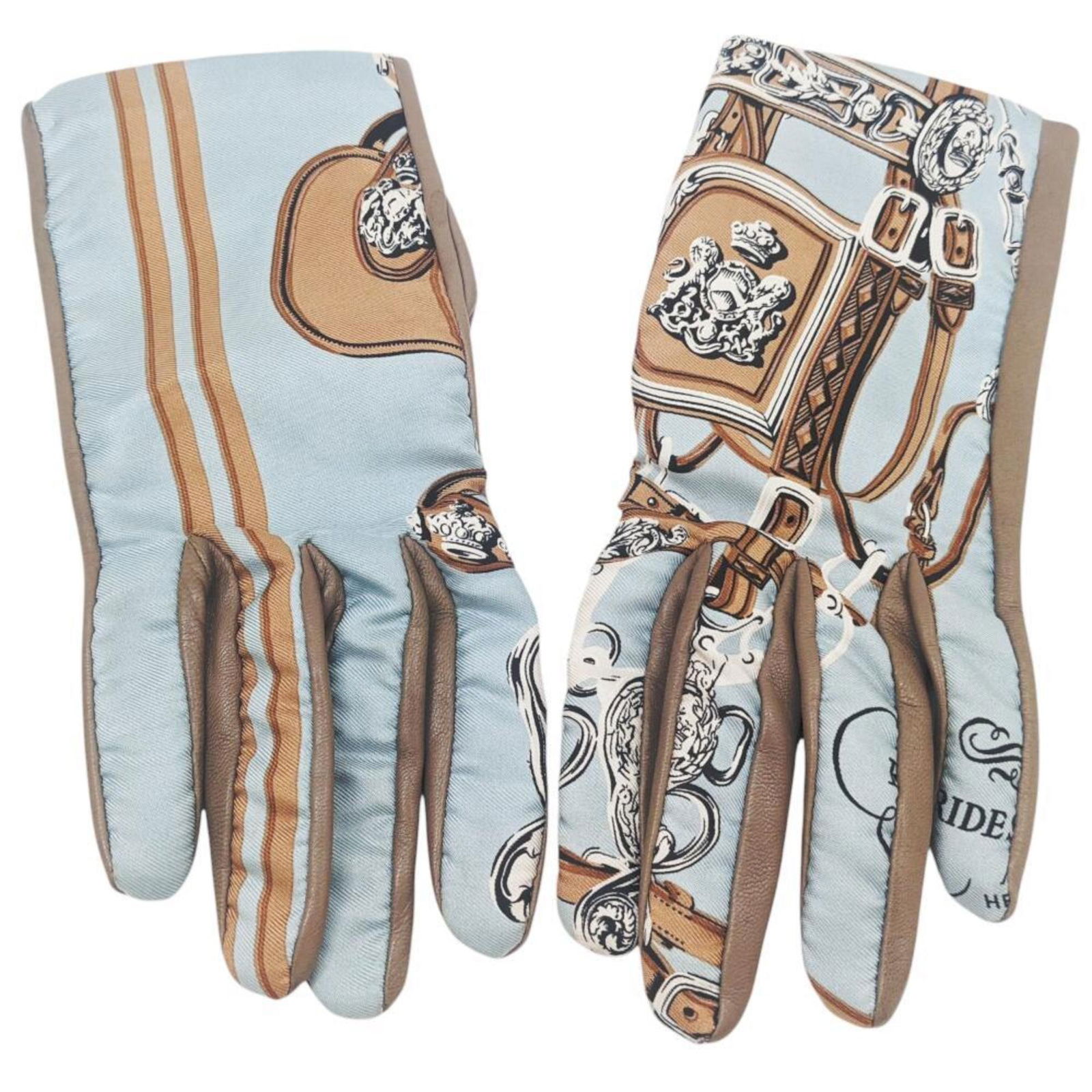 HERMES Women's Lambskin Silk Gloves Beige Blue Ribbon Pattern Size S: HERMES Women's Lambskin Silk Gloves Beige Blue Ribbon Pattern Size S These elegant HERMES gloves are crafted from luxurious lambskin and silk, featuring a sophisticated beige and blue ribbon pattern.