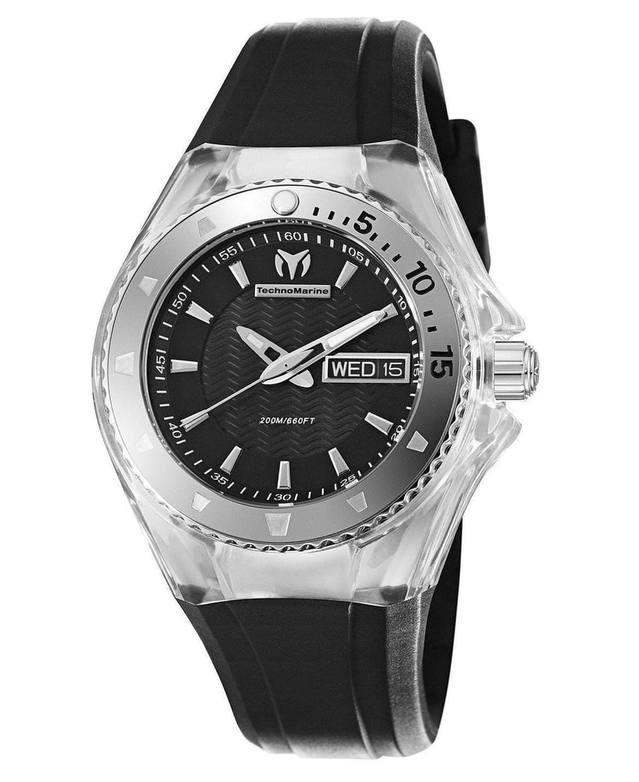 TechnoMarine Cruise 110042 Quartz Stainless Steel Watch with Box: TechnoMarine Cruise 110042 Quartz Stainless Steel Watch with Box This TechnoMarine Cruise wristwatch features a sleek design with a stainless steel case and a durable black silicone/rubber band. The w