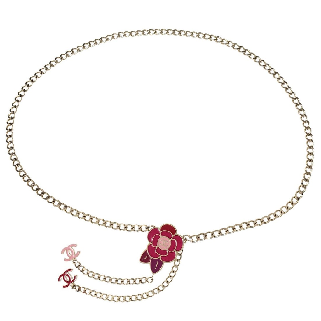 Chanel Camellia Charm Gold-tone Chain Belt 05P: Chanel Camellia Charm Gold-tone Chain Belt 05P Elevate your style with this exquisite Chanel Camellia Charm Chain Belt. Crafted from gold-tone material, this one-size belt features a stunning chain de