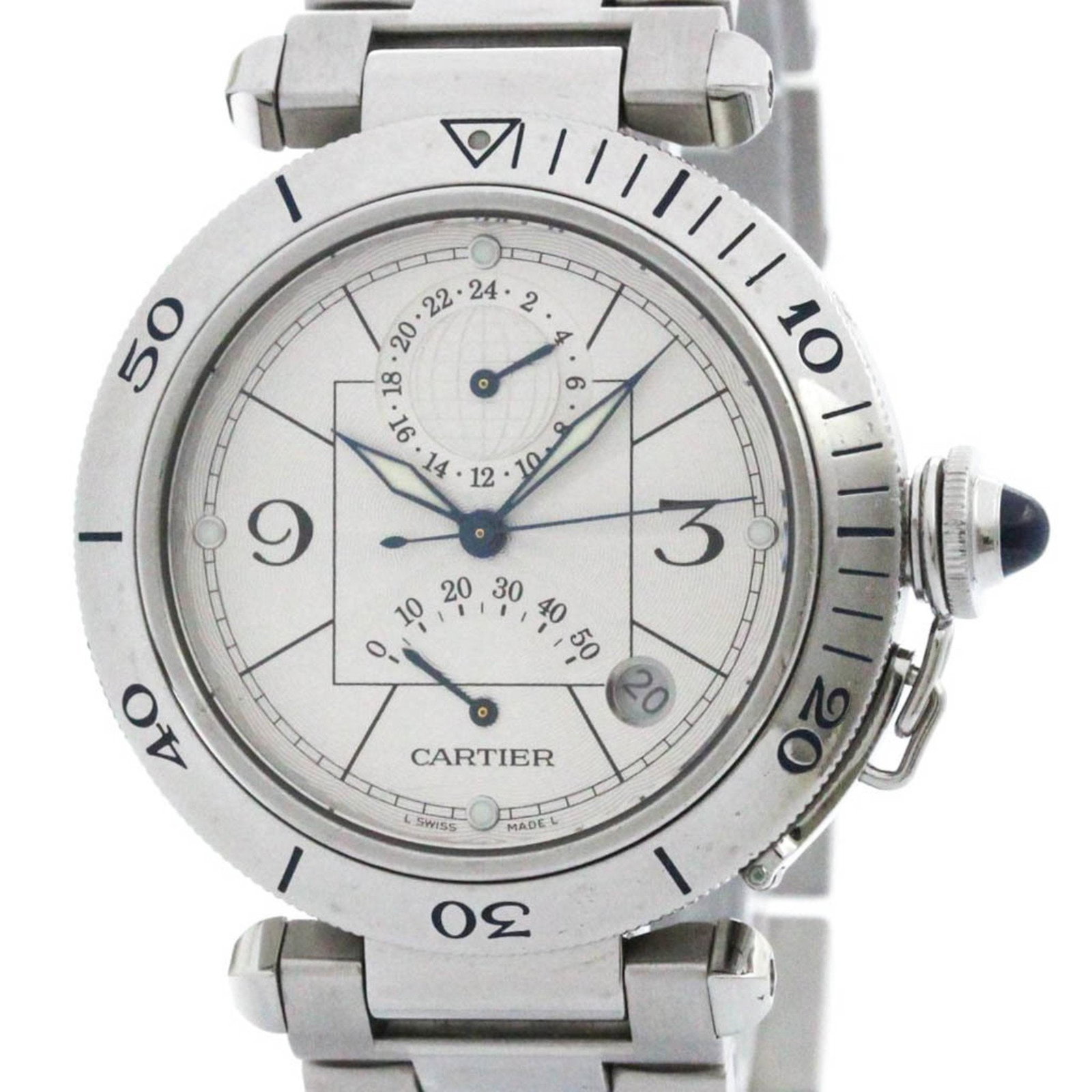Cartier Pasha 38 GMT Automatic Watch W31037H3 Stainless Steel 6.69in Wrist: Cartier Pasha 38 GMT Automatic Watch W31037H3 Stainless Steel 6.69in Wrist The Cartier Pasha 38 GMT Power Reserve Automatic Watch combines luxury and functionality in a striking design. This men's wri