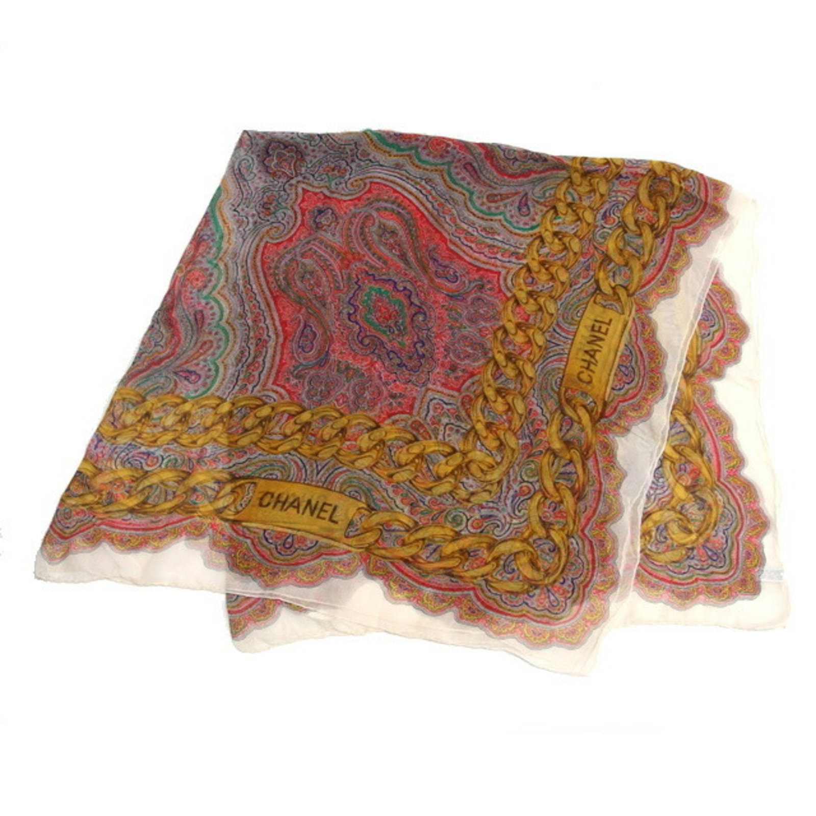 Chanel Paisley Silk Scarf Muffler Multi-Color Elegant Design: Chanel Paisley Silk Scarf Muffler Multi-Color Elegant Design This exquisite Chanel Large Scarf Muffler features a stunning paisley design adorned with a chain motif, perfect for adding a touch of eleg