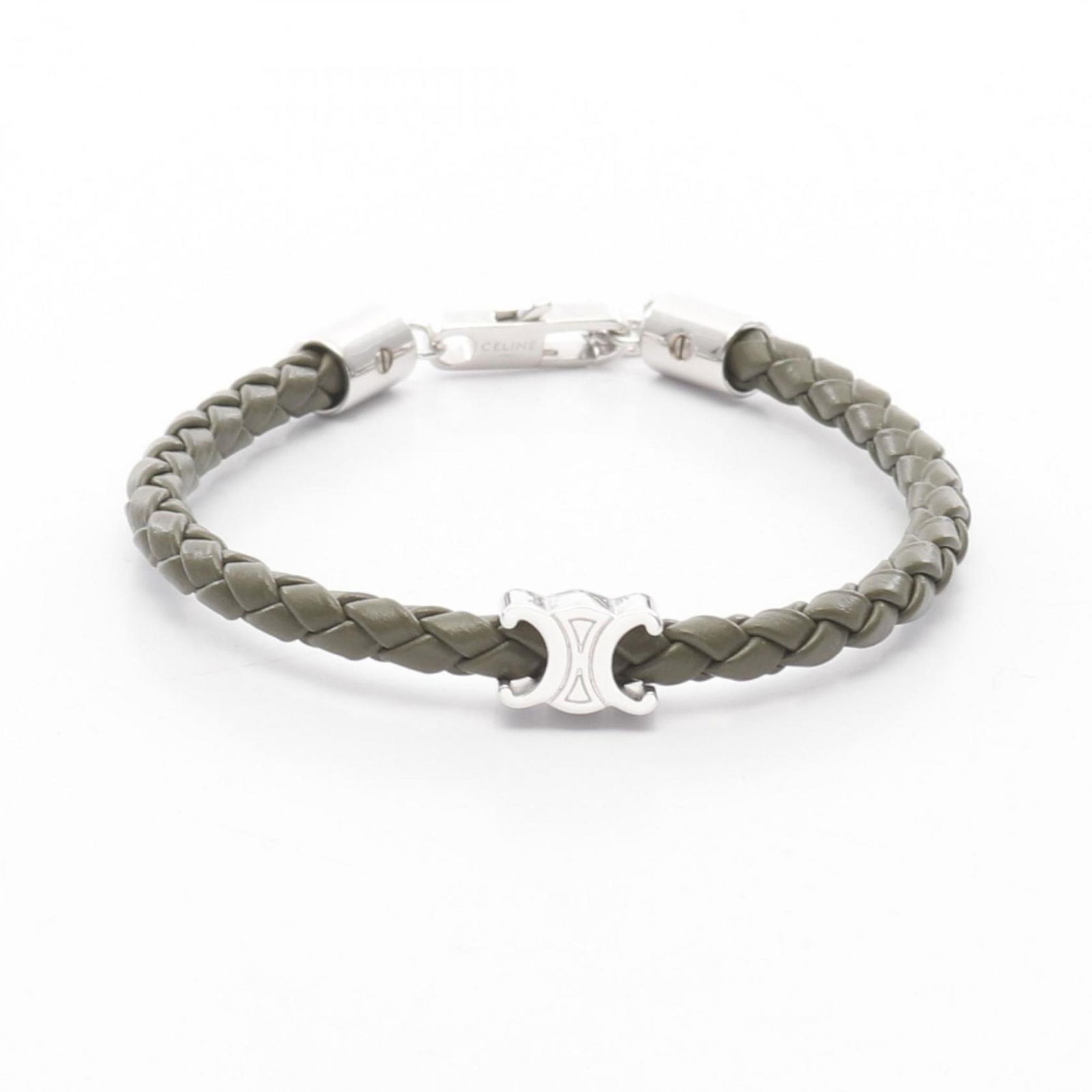 CELINE Triomphe Beach Charm Bracelet Green Silver Leather Stainless Steel: CELINE Triomphe Beach Charm Bracelet Green Silver Leather Stainless Steel Elevate your accessory collection with the CELINE Triomphe Beach Bracelet, a stunning charm bracelet designed for women. Craft