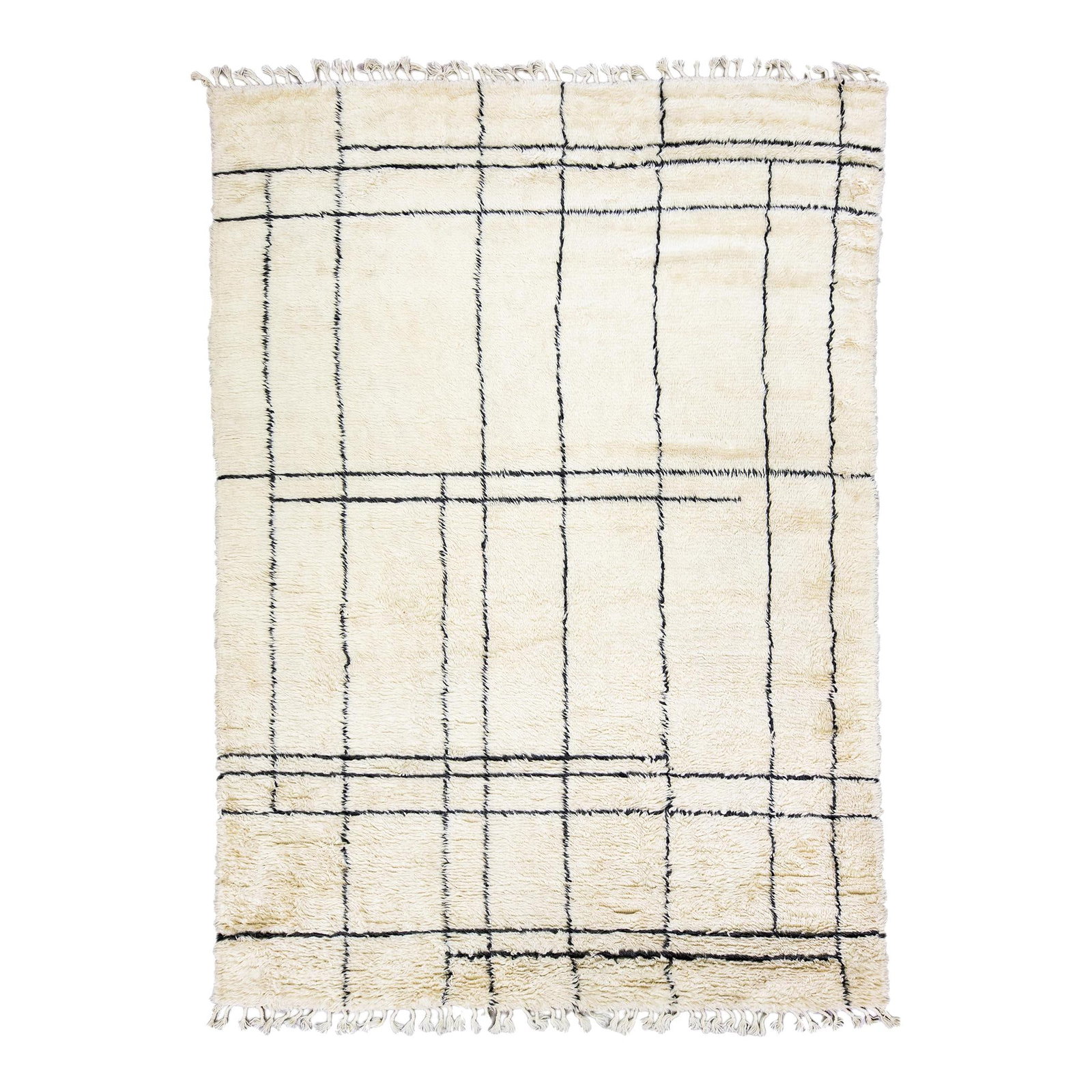 Ivory Geometric Wool Rug 8'2 x 11'7 Handmade by Apadana: Ivory Geometric Wool Rug 8'2 x 11'7 Handmade by Apadana This exquisite modern Moroccan style hand-knotted wool rug features a soft ivory field adorned with striking black geometric accents and finishe