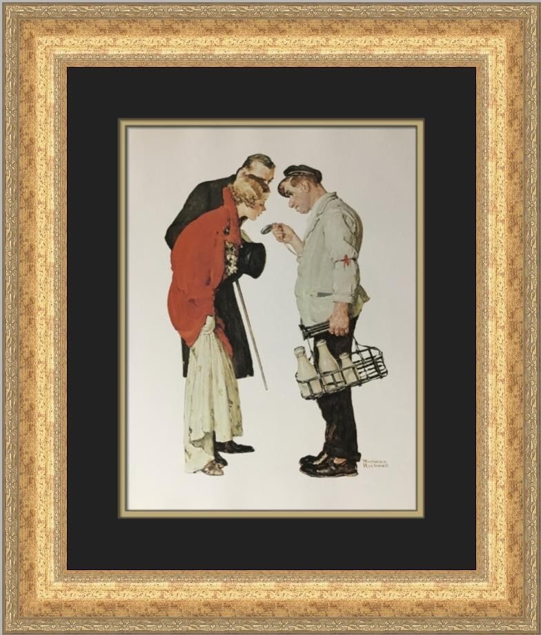 Norman Rockwell The Milkman And The Couple Custom Framed Art 23 x 19: Norman Rockwell The Milkman And The Couple Custom Framed Art 23 x 19 This captivating custom framed print titled "The Milkman And The Couple" by renowned artist Norman Rockwell features a charming Ame