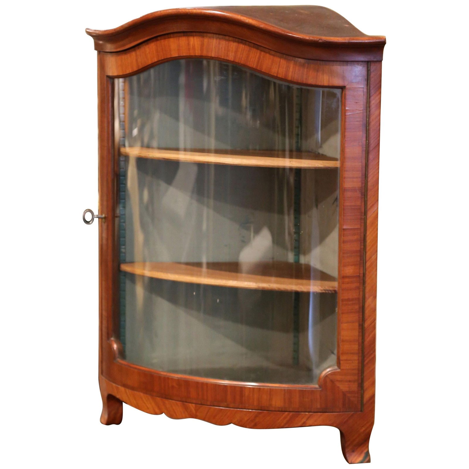 Antique Louis XV Walnut Veneer Corner Cabinet with Glass Door: Antique Louis XV Walnut Veneer Corner Cabinet with Glass Door This exquisite Early 20th Century Louis XV Hanging Corner Cabinet is a stunning addition to any home decor. Crafted from walnut veneer wit