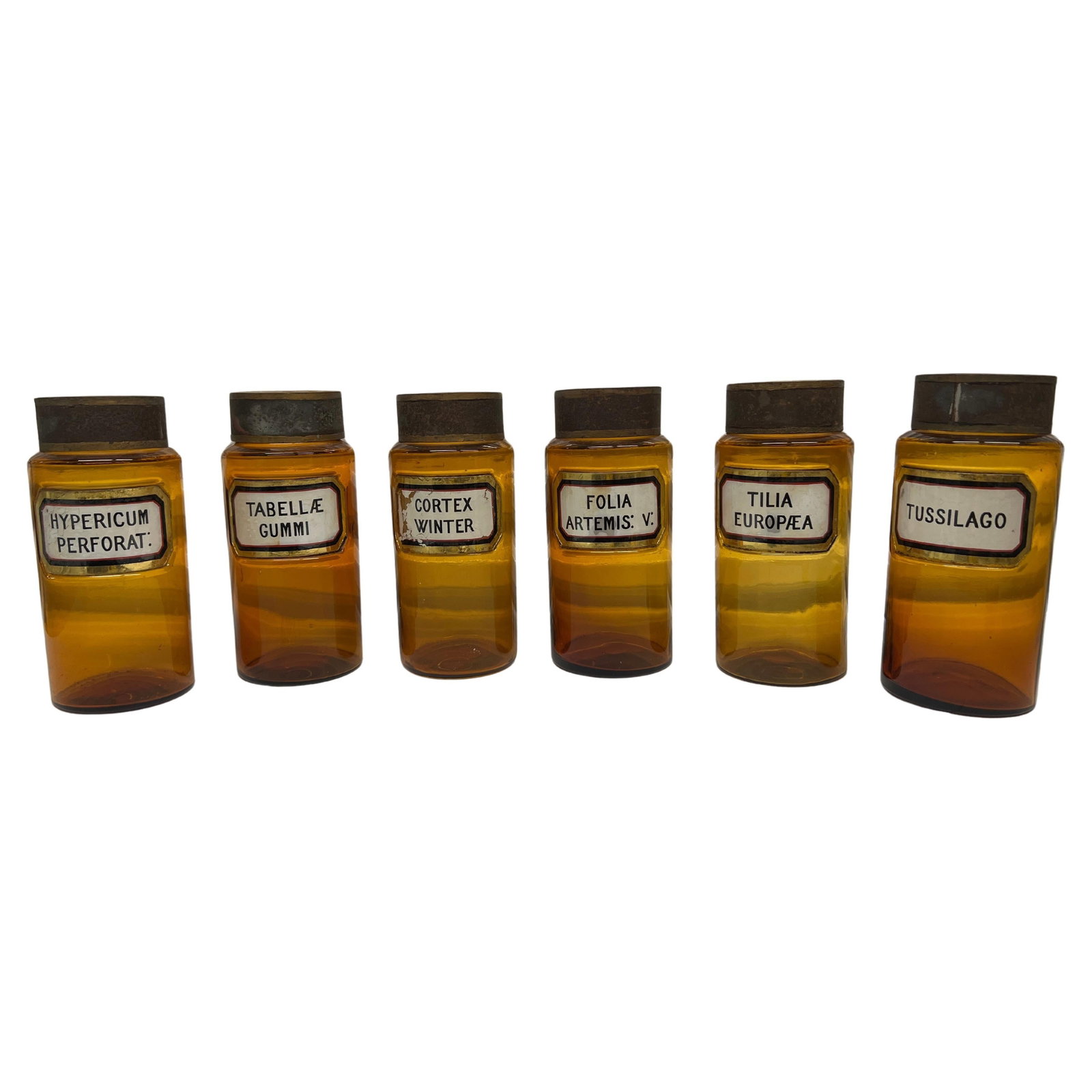 Set of 6 Antique 19th Century French Amber Glass Apothecary Bottles: Set of 6 Antique 19th Century French Amber Glass Apothecary Bottles This elegant set of six 19th-century French apothecary bottles showcases exquisite craftsmanship and historical significance. Each b