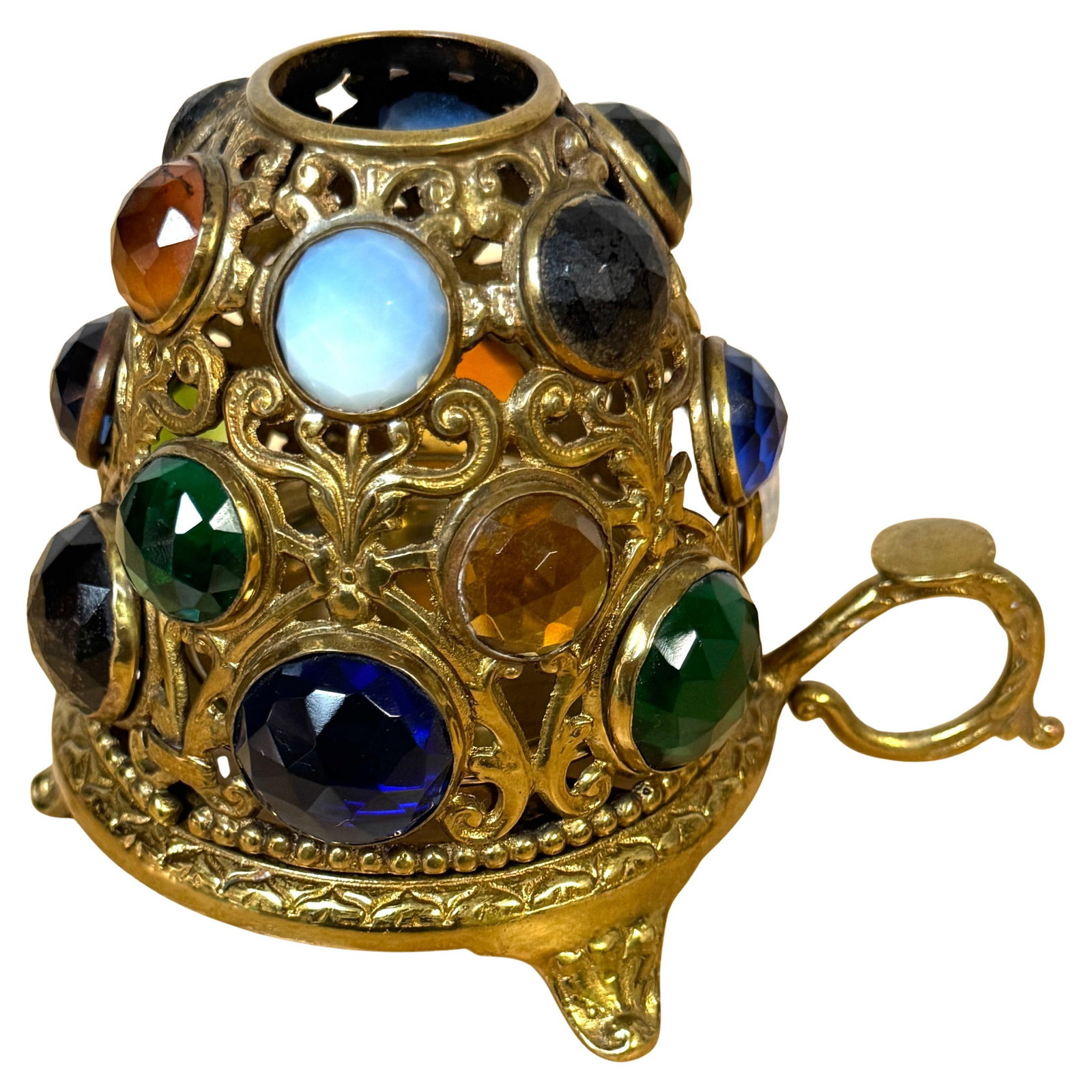 Rare Aesthetic Brass Fairy Lamp by Samuel Clarke England 1885: Rare Aesthetic Brass Fairy Lamp by Samuel Clarke England 1885 This exquisite Aesthetic Period Jeweled Brass Fairy Lamp, attributed to Samuel Clarke, showcases the intricate craftsmanship and design id