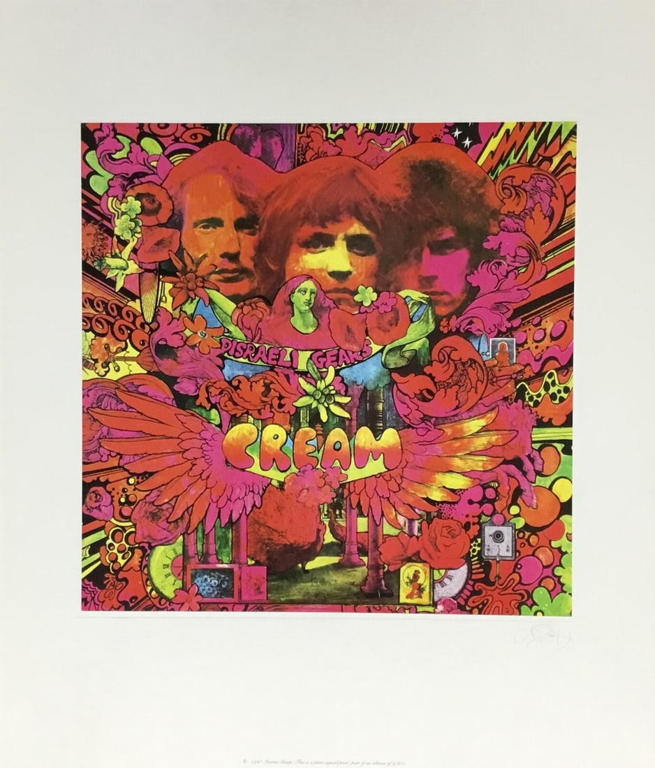Cream Disraeli Gears Album Cover Art by Martin Sharp 27 x 23 Offset Lithograph: Cream Disraeli Gears Album Cover Art by Martin Sharp 27 x 23 Offset Lithograph This stunning album cover art features the iconic work from the band Cream, specifically the album 'Disraeli Gears'. Crea