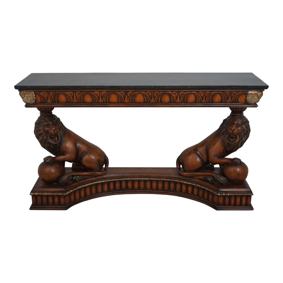 Regency Console Table with Marble Top and Lion Pedestal Bases: Regency Console Table with Marble Top and Lion Pedestal Bases This exquisite Regency console table features a stunning marble overlay top supported by intricately designed lion pedestal bases. Approxi