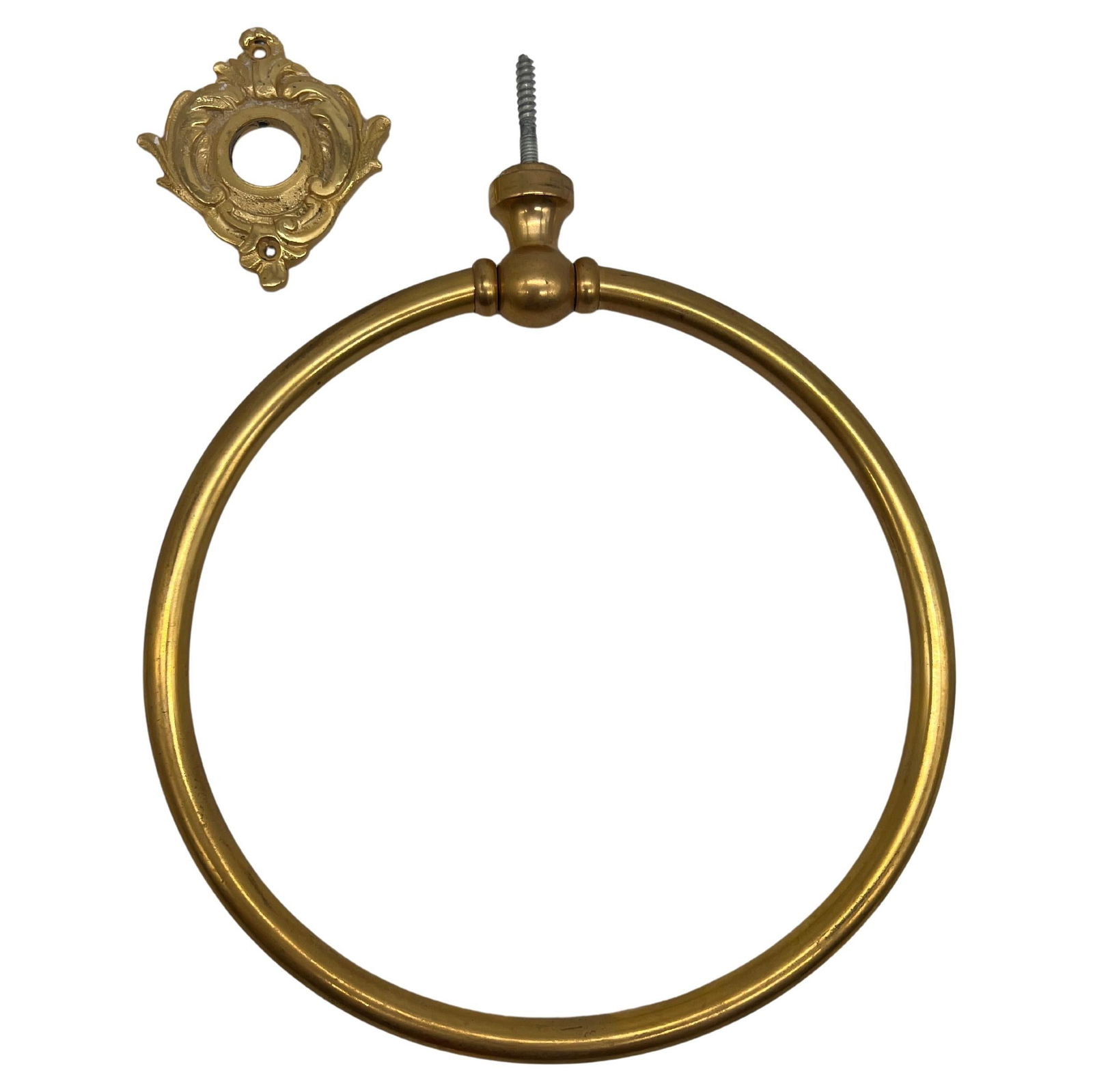 Vintage Sherle Wagner Gold Plated Towel Ring with Acanthus Wall Plate: Vintage Sherle Wagner Gold Plated Towel Ring with Acanthus Wall Plate Enhance your bathroom decor with this Vintage Sherle Wagner Towel Ring, featuring a stunning gold plated finish and an intricate a