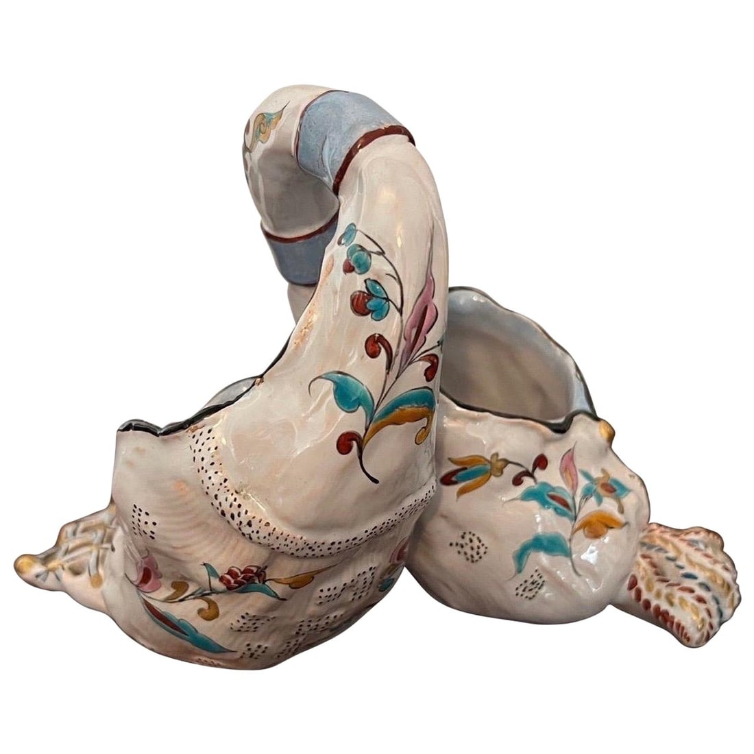 French Faience Double Basket Planter Vintage Hand Painted Porcelain: French Faience Double Basket Planter Vintage Hand Painted Porcelain This exquisite early 20th Century French faience planter features a charming double basket design, beautifully hand-painted with vib