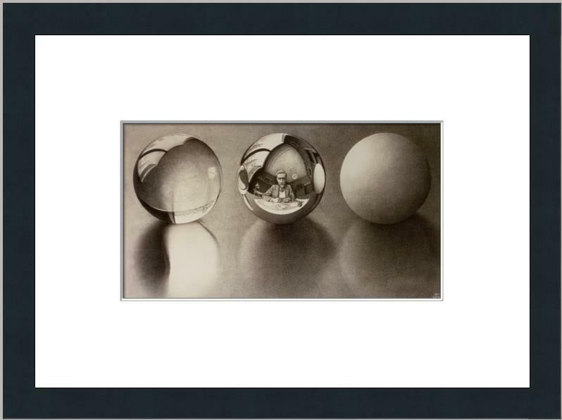 M.C. Escher Three Spheres Custom Framed Print 21.5 x 17 Surrealism: M.C. Escher Three Spheres Custom Framed Print 21.5 x 17 Surrealism This custom gallery framed print features M.C. Escher's iconic work, 'Three Spheres'. It is a stunning example of surrealism, produce