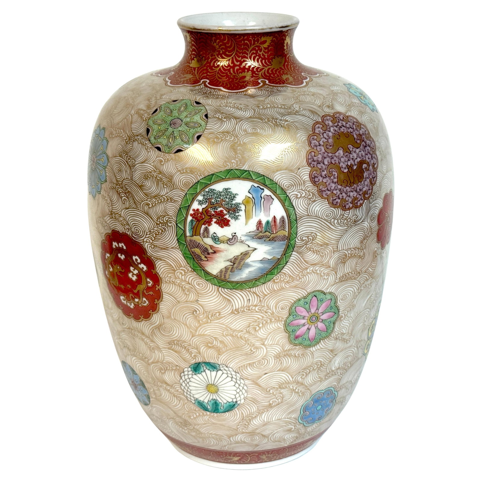 Meiji Fukagawa Gilded Porcelain Vase with Enameled Medallions 1900: Meiji Fukagawa Gilded Porcelain Vase with Enameled Medallions 1900 This exquisite Meiji-period Fukagawa gilded porcelain vase, crafted circa 1900, showcases the exceptional artistry of the esteemed Fu
