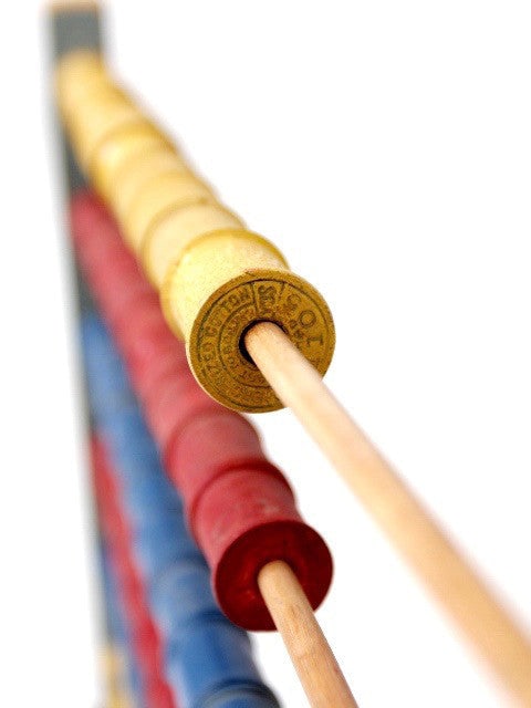 Antique Folk Art Spool Abacus Handcrafted Counting Frame: Antique Folk Art Spool Abacus Handcrafted Counting Frame An antique folk art spool abacus. The hand-crafted counting frame features painted thread spools as the "beads." CONDITION. In good condition w