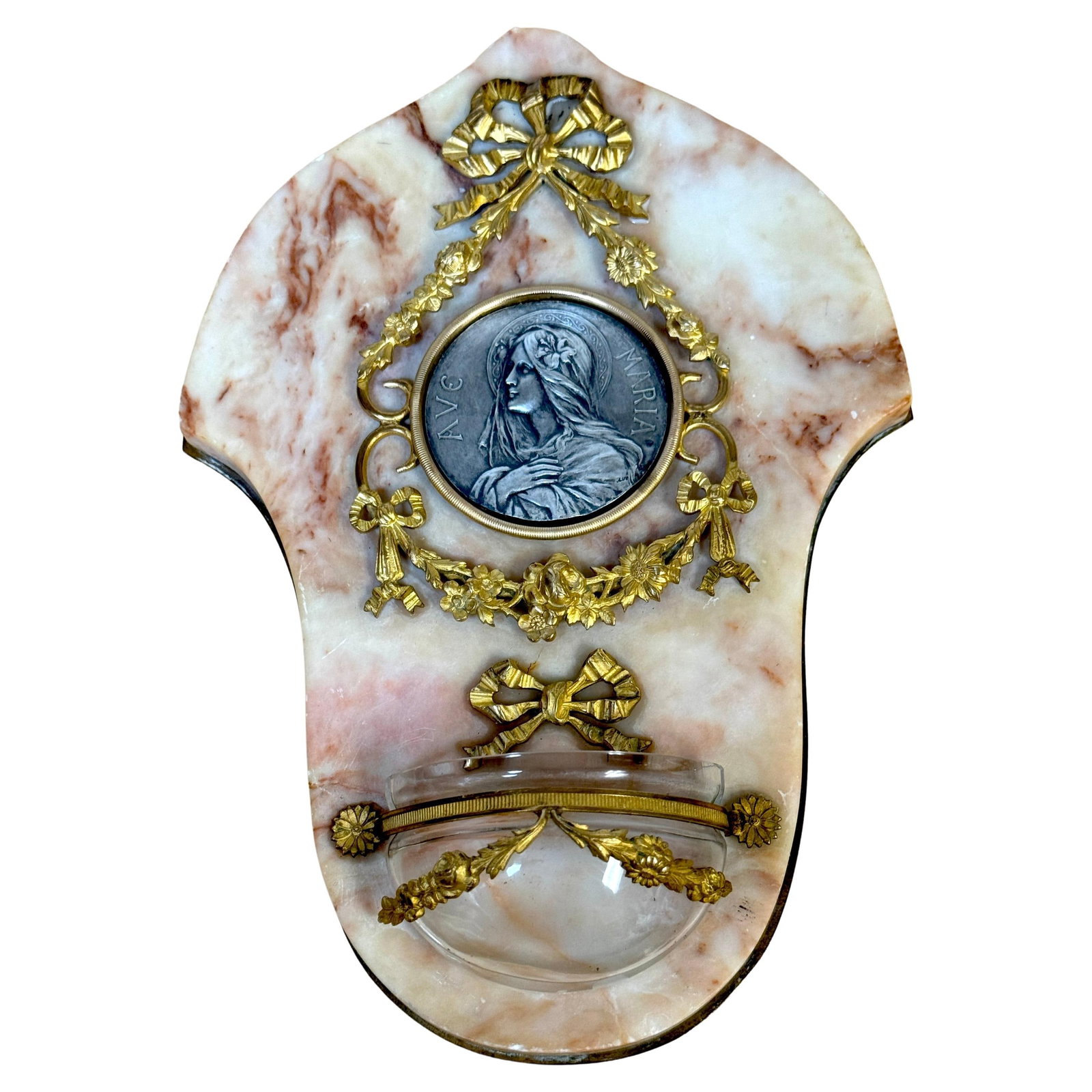 19th Century French Ave Maria Holy Water Font Reliquary by Ale: 19th Century French Ave Maria Holy Water Font Reliquary by Ale This exquisite late 19th-century French 'Ave Maria' Benitier, also known as a Holy Water Font, is a remarkable devotional reliquary from 
