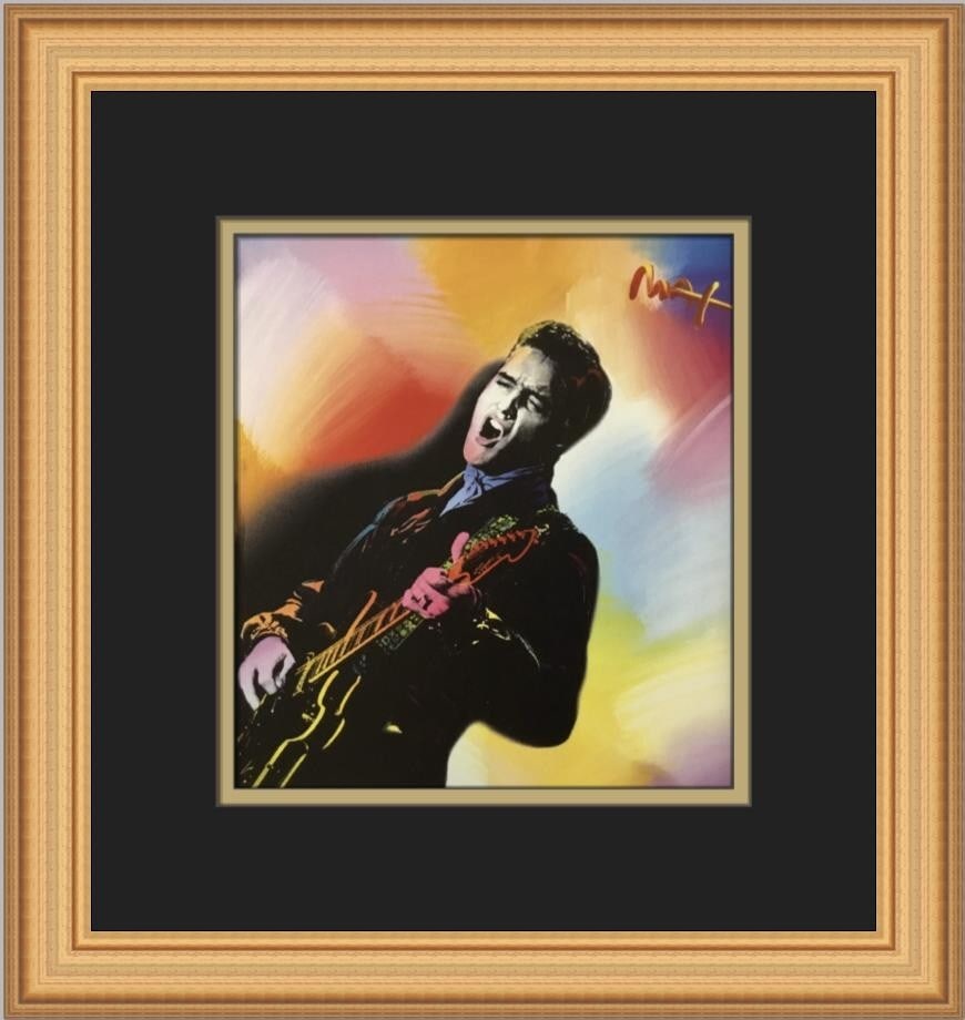Peter Max Elvis Custom Framed Pop Art Print 13 x 13: Peter Max Elvis Custom Framed Pop Art Print 13 x 13 This stunning custom framed print by renowned artist Peter Max features the iconic subject of Elvis, showcasing a vibrant pop art style. Created in