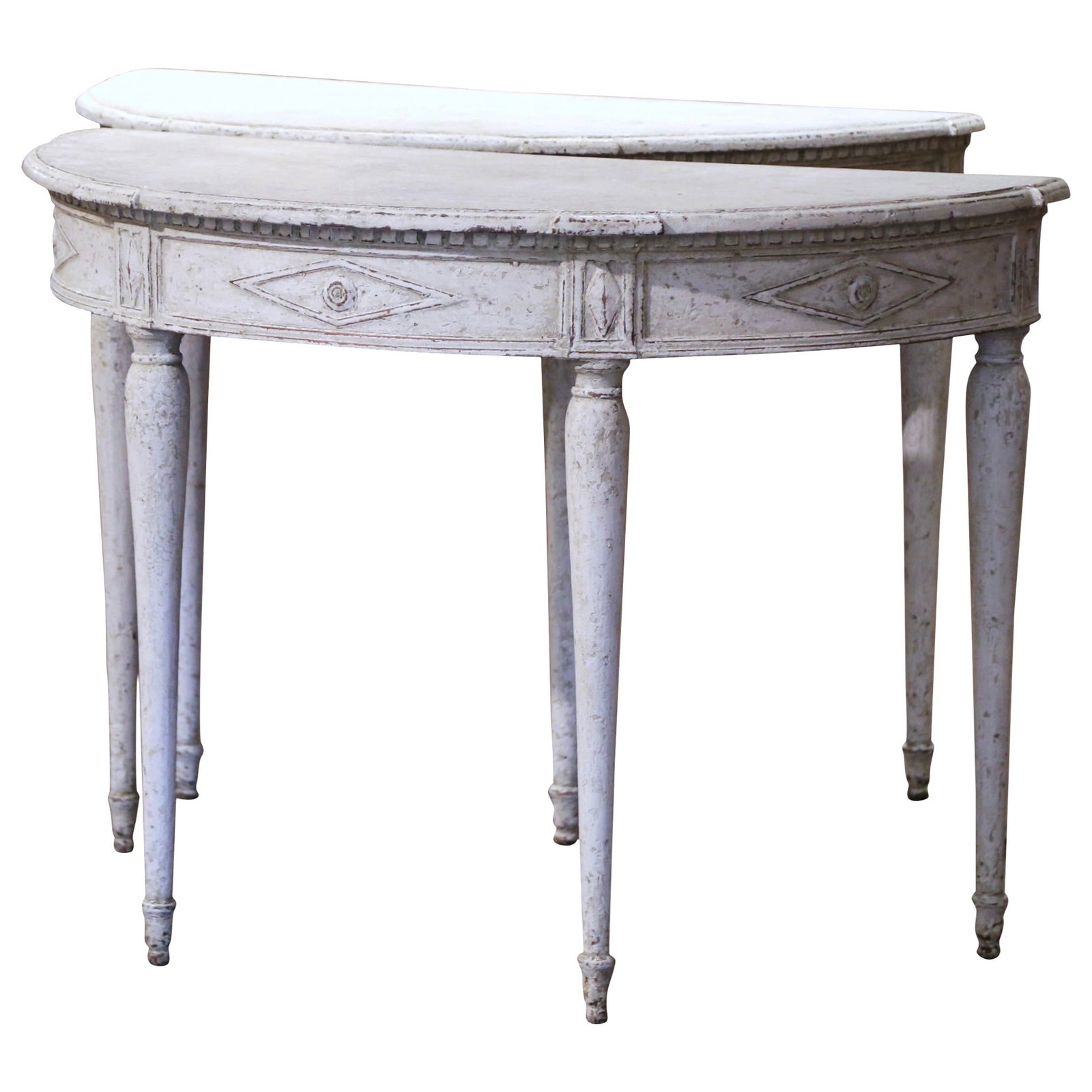 Set of 2 Antique French Directoire Carved Demilune Console Tables: Set of 2 Antique French Directoire Carved Demilune Console Tables Elevate your entryway with this exquisite pair of 19th Century French Directoire Carved Painted Demilune Console Tables. Crafted in no