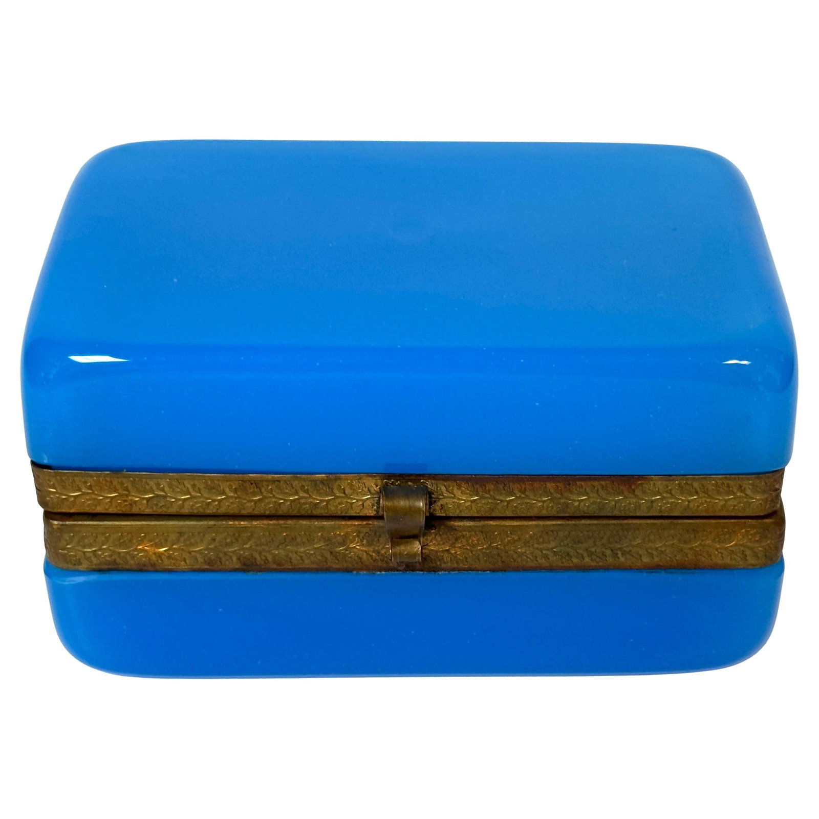 Antique French Napoleon III Blue Opaline Box with Bronze Mounts 1860: Antique French Napoleon III Blue Opaline Box with Bronze Mounts 1860 This exquisite French Napoleon III blue opaline glass box, dating from the 1860s, features a stunning turquoise-blue hue and is bea