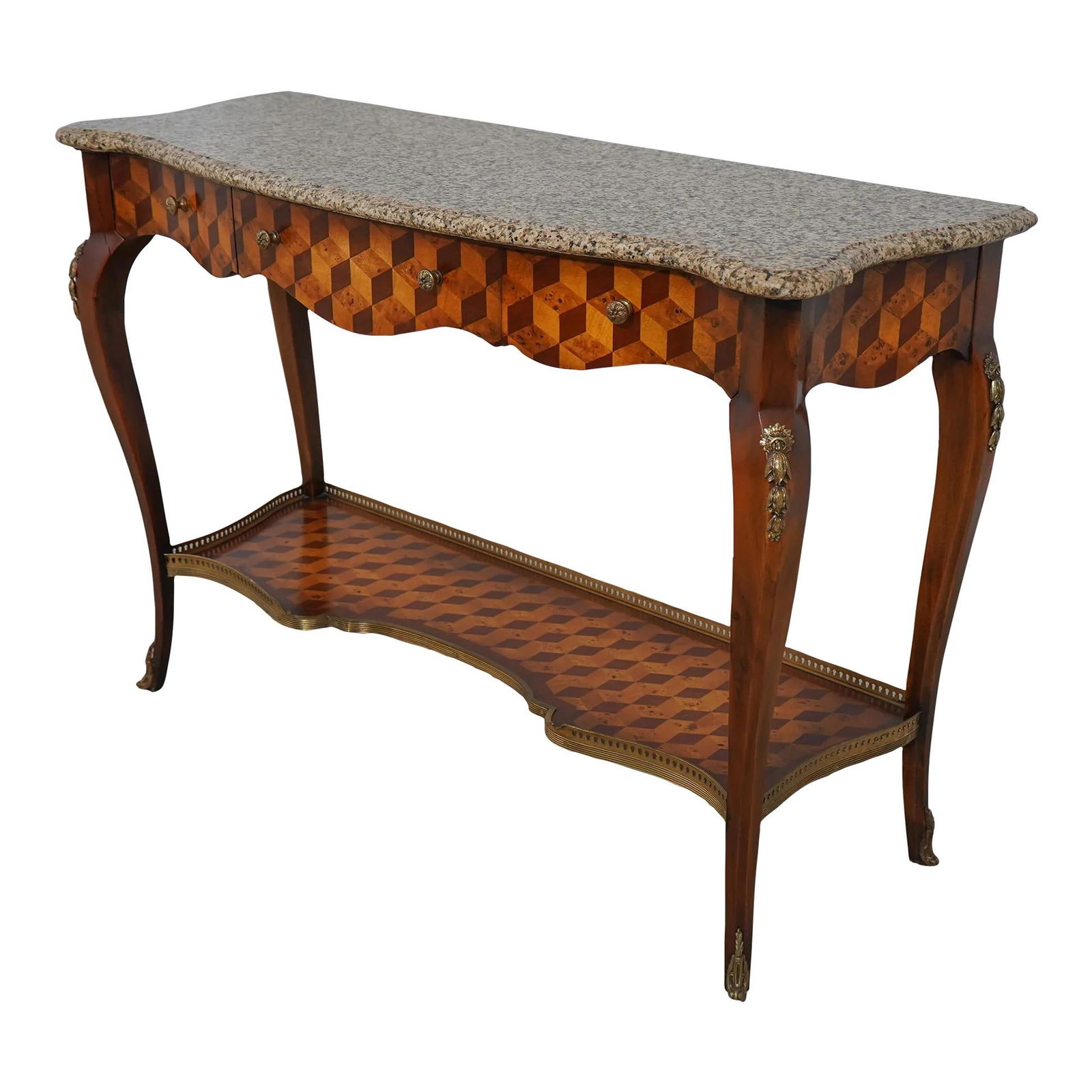 Theodore Alexander Marquetry Inlaid Marble Console Table 48x18x33.5: Theodore Alexander Marquetry Inlaid Marble Console Table 48x18x33.5 This exquisite console table features stunning French marquetry inlay work complemented by a luxurious marble or granite top. Design