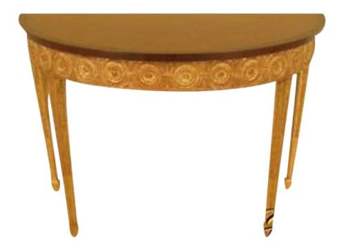 Elegant Gold Gilted Satinwood Inlaid Demilune Console Table 51x23.5x35.5: Elegant Gold Gilted Satinwood Inlaid Demilune Console Table 51x23.5x35.5 This elegant demilune console table features a stunning satinwood top with exquisite inlaid designs, complemented by a gold gil