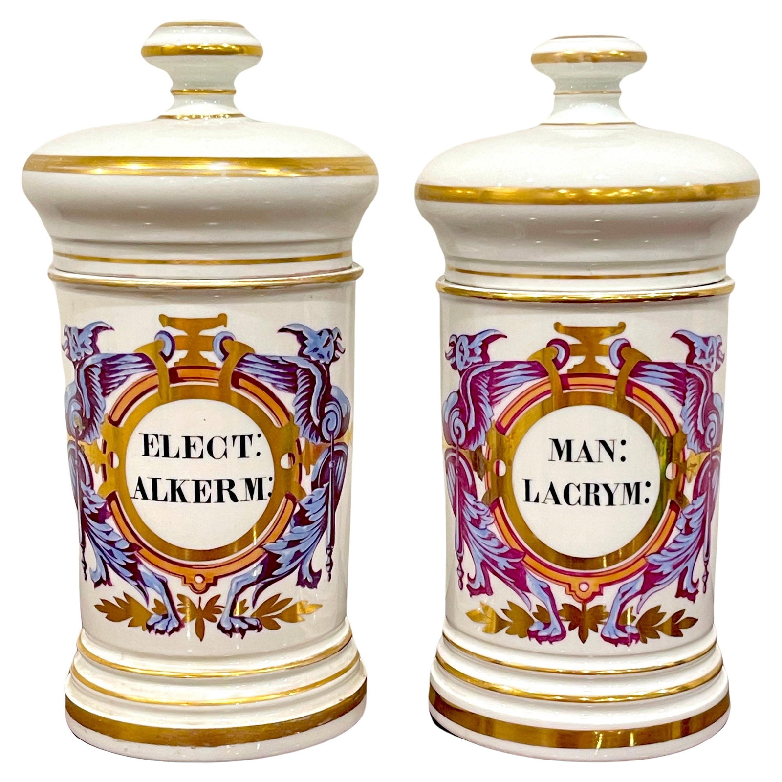 Set of 2 Neoclassical Apothecary Jars by Maison A Collin 1870s France: Set of 2 Neoclassical Apothecary Jars by Maison A Collin 1870s France This exquisite pair of Neoclassical Apothecary Jars, crafted by Maison A Collin Porcelaines & Cristaux, dates back to the 1870s in