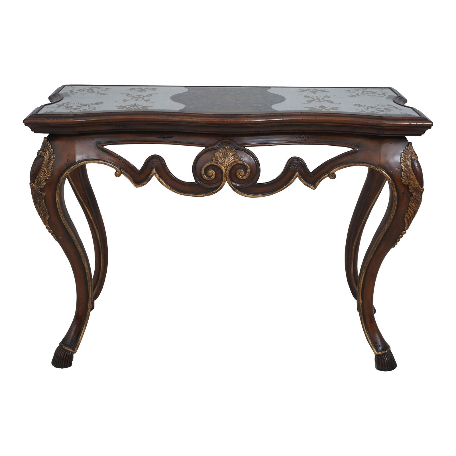 Jonathan Charles Eglomise Mirror Console Table 48 x 20 x 34.5 Gold Highlights: Jonathan Charles Eglomise Mirror Console Table 48 x 20 x 34.5 Gold Highlights This stunning console table features a beautifully crafted eglomise mirror top with a beveled edge, making it a striking c