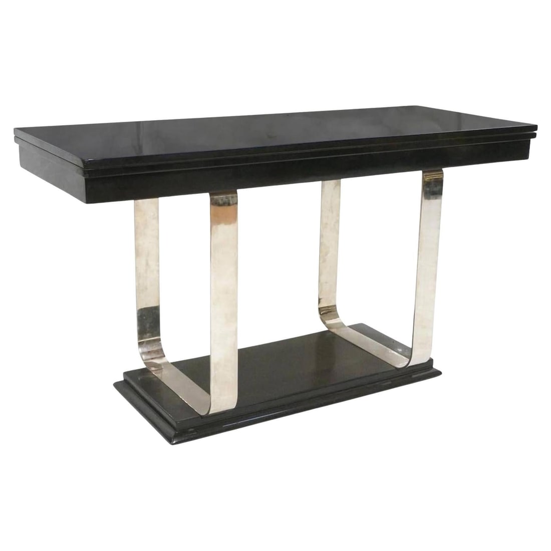 Art Deco Lacquer Chrome Console Dining Table from France 1930s: Art Deco Lacquer Chrome Console Dining Table from France 1930s This exquisite Art Deco lacquer and chrome console or dining table is an elegant addition to any space. Perfect for smaller areas, it fea